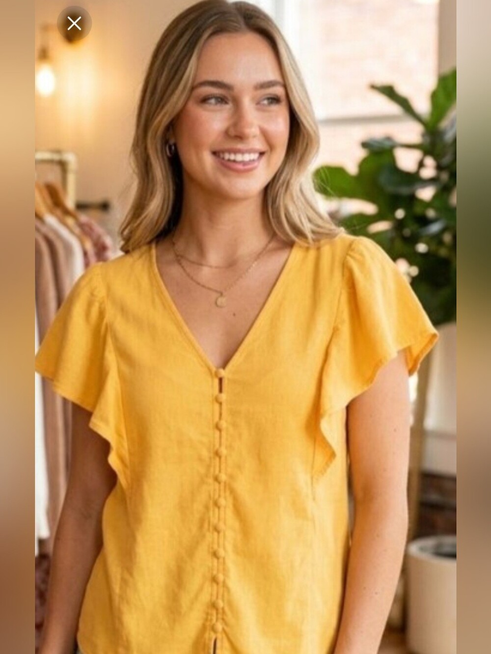 Suzy Shier Ruffle Sleeve Button Front Blouse in Orange